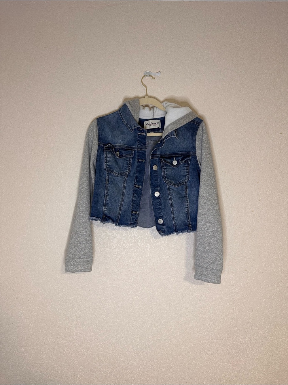 wonder nation Blue Denim Jacket with Gray Knit Hood & Sleeves